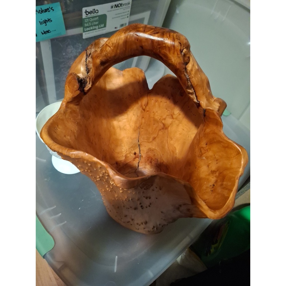 Hand Carved Burl Root Wood Vintage Large Basket 9" Unique Handle